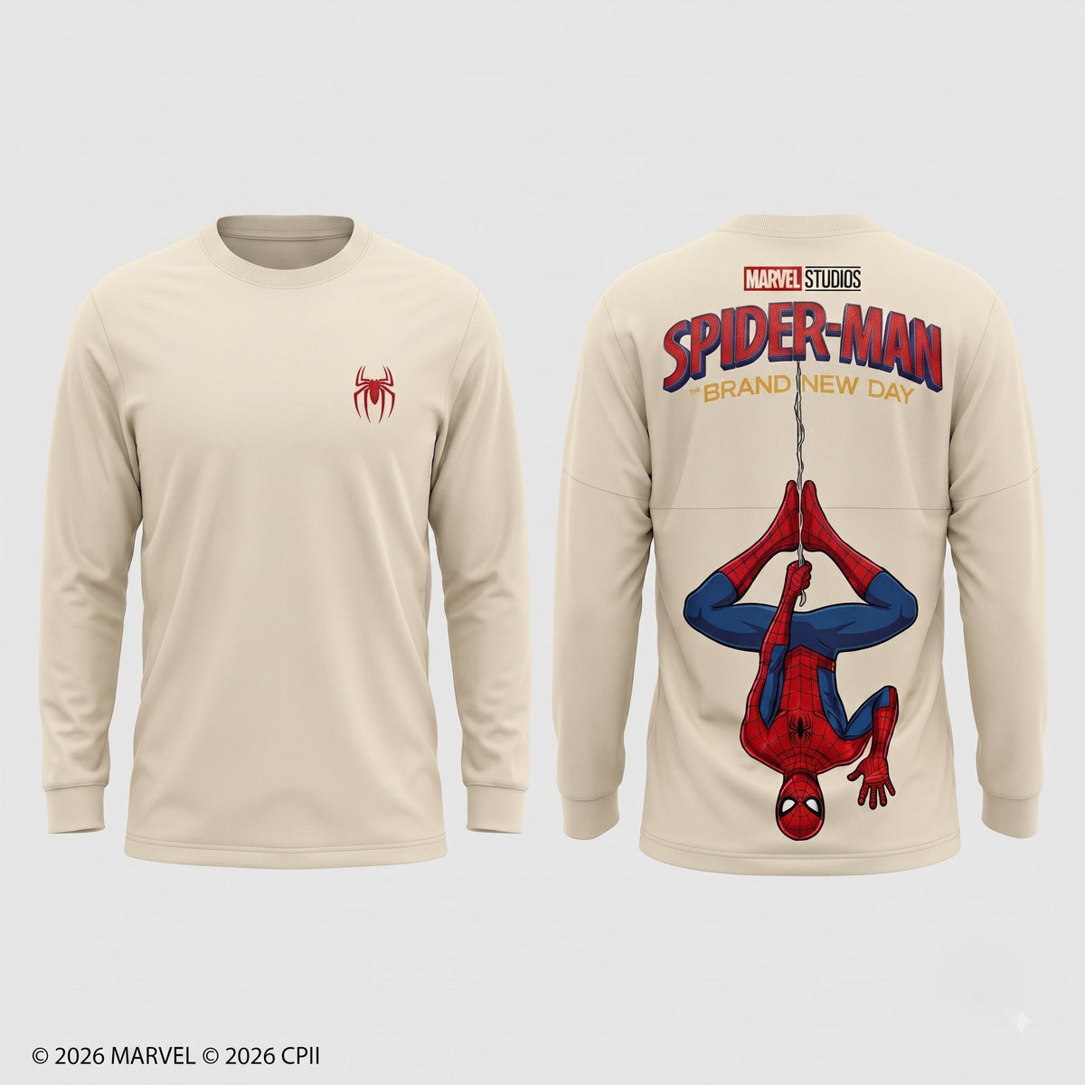 Cream Long Sleeve Shirt — Comic Web Hero Inspired Back Print Tee — Superhero Fan Streetwear Gift - Custom Fan Apparel Image 3