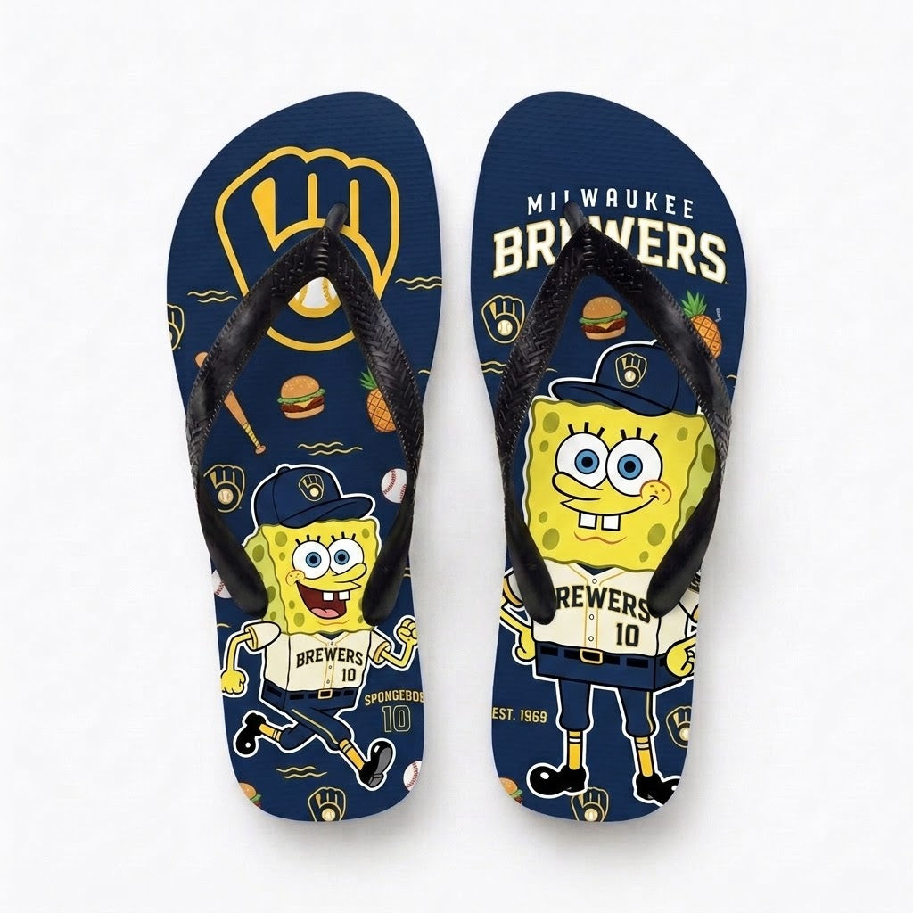 Cartoon Yellow Sponge Baseball Flip Flops — Sport Fan Sandals | 30 Teams Available