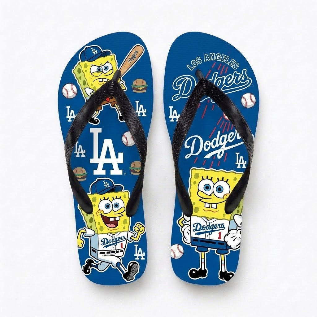 Cartoon Yellow Sponge Baseball Flip Flops — Sport Fan Sandals | 30 Teams Available - Custom Fan Apparel Image 5