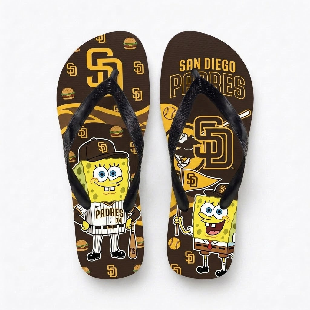 Cartoon Yellow Sponge Baseball Flip Flops — Sport Fan Sandals | 30 Teams Available