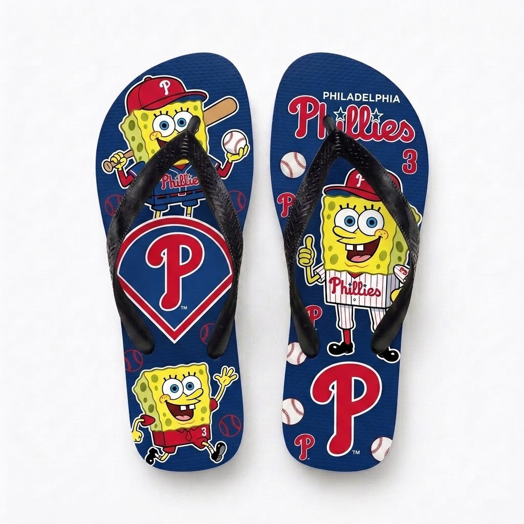 Cartoon Yellow Sponge Baseball Flip Flops — Sport Fan Sandals | 30 Teams Available - Custom Fan Apparel Image 20