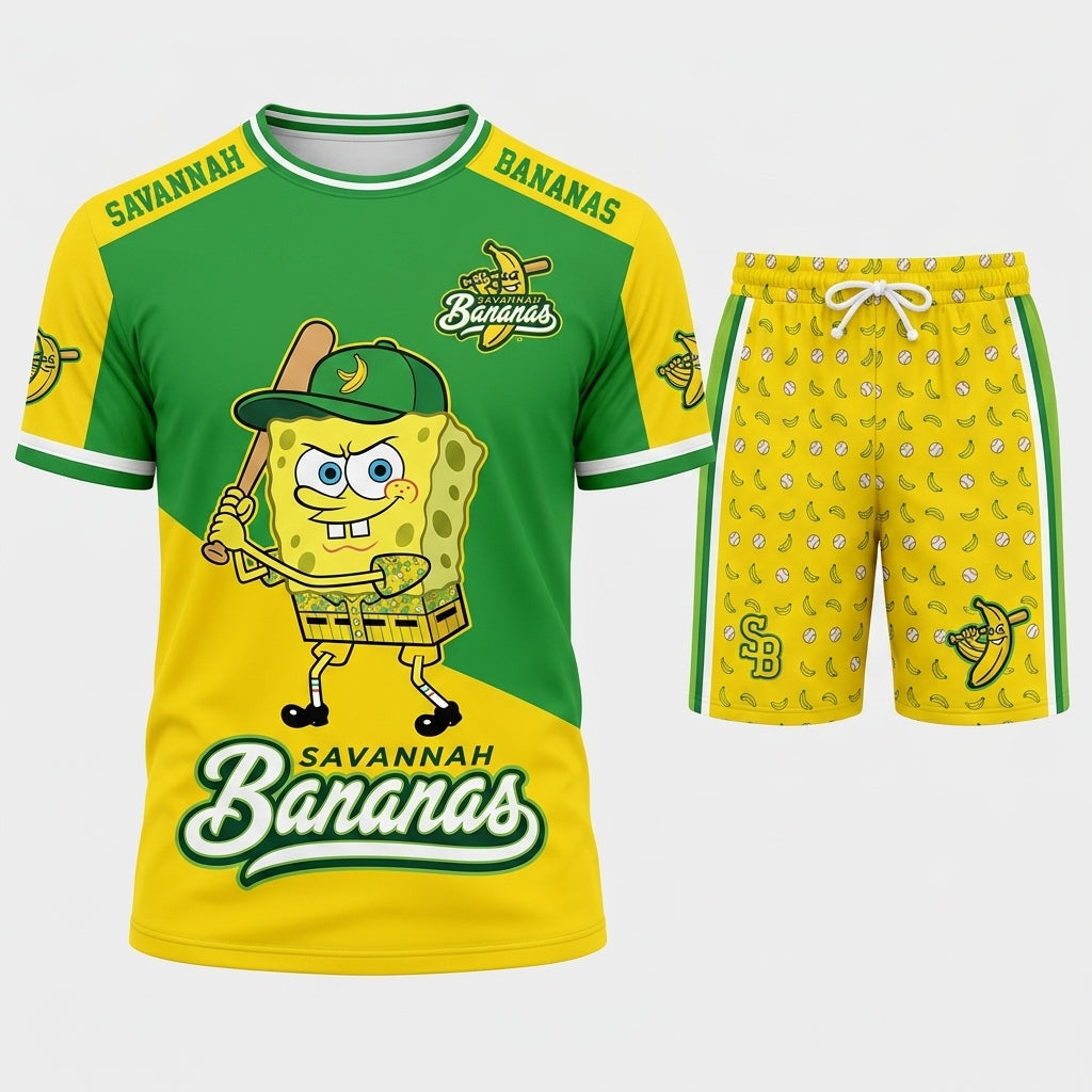 Baseball Fan T-Shirt And Shorts Set — Green Yellow Cartoon Sport Outfit For Summer