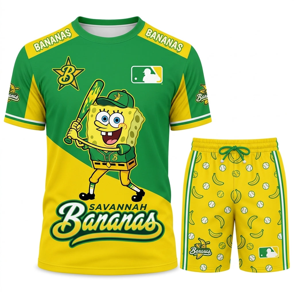 Baseball Fan T-Shirt And Shorts Set — Green Yellow Cartoon Sport Outfit For Summer