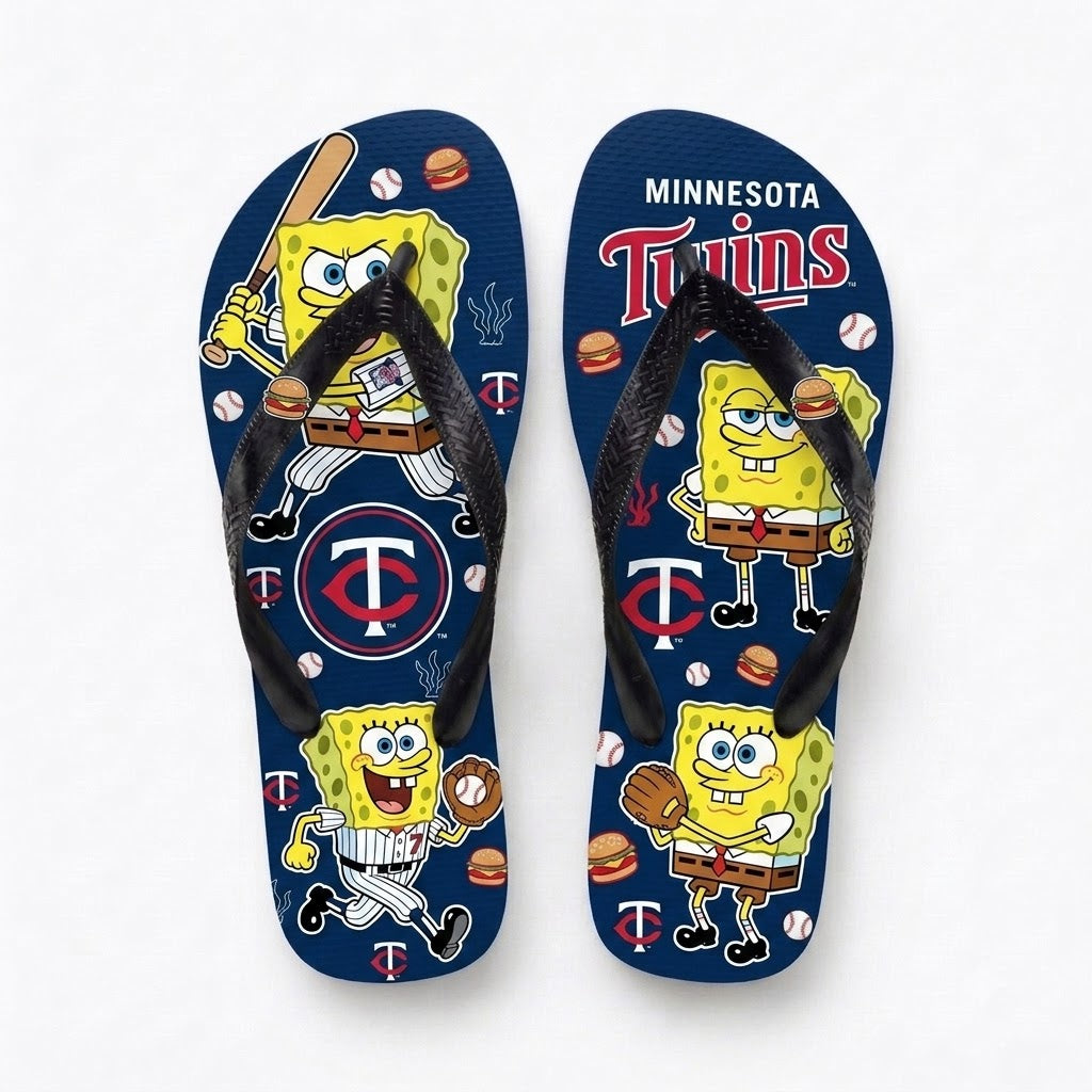 Cartoon Yellow Sponge Baseball Flip Flops — Sport Fan Sandals | 30 Teams Available - Custom Fan Apparel Image 13