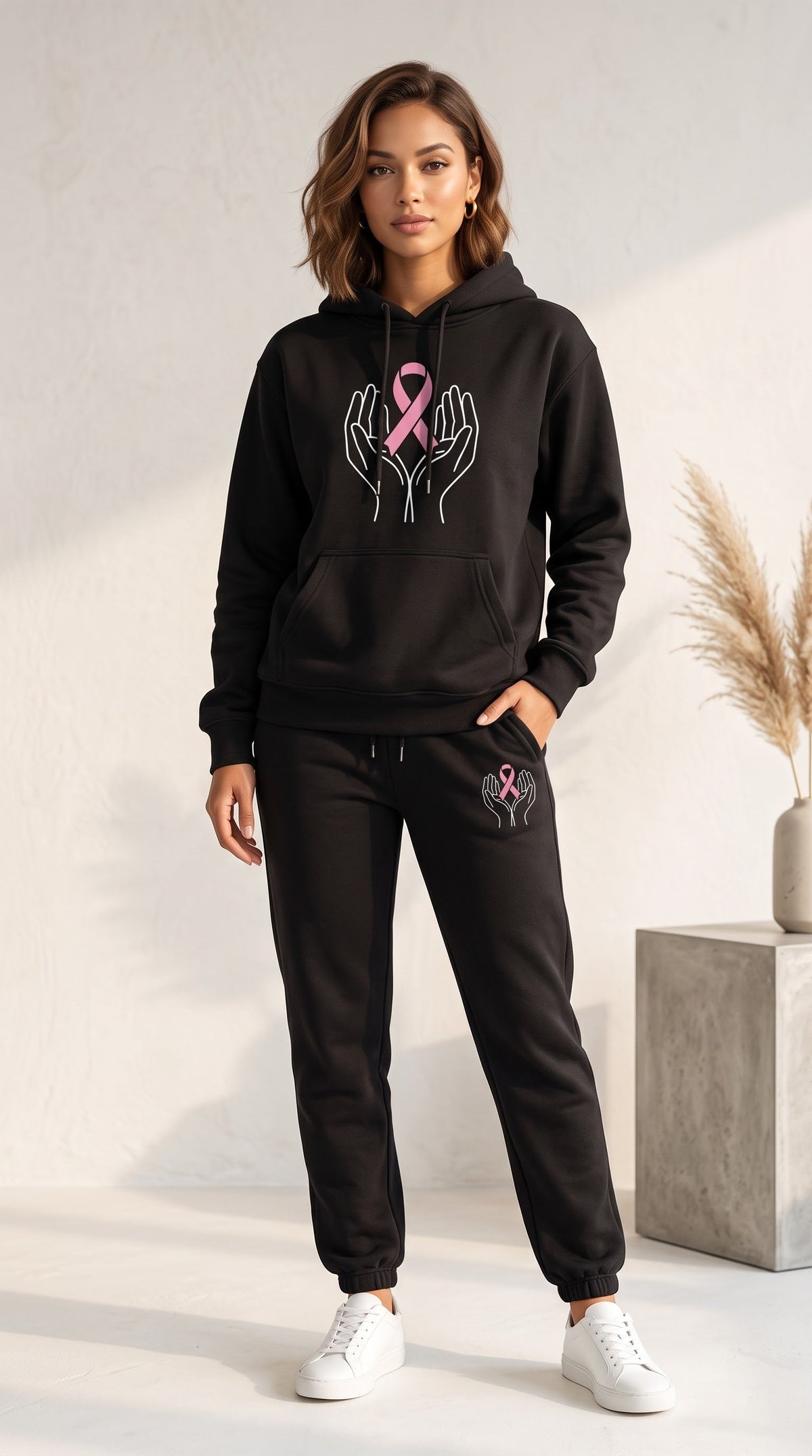 Pink Ribbon Hoodie & Sweatpants Set, Breast Cancer Awareness Tracksuit, Hope Support Outfit Hoodie & Sweatpants Set — 8 Styles