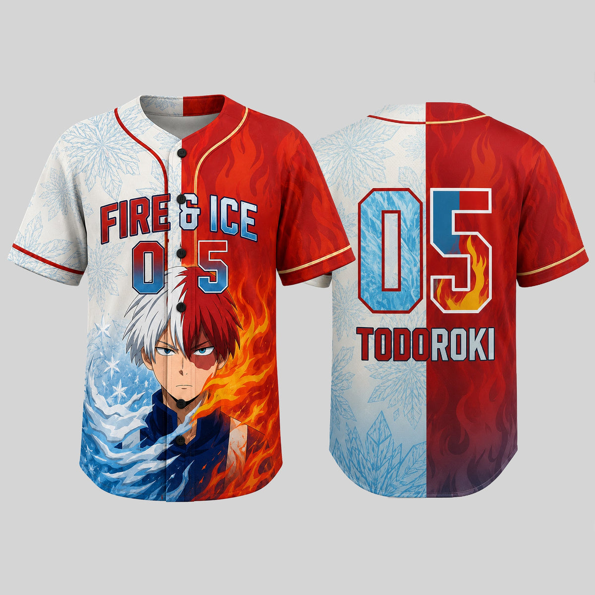 Custom Half Fire Half Ice Baseball Jersey, Personalized Anime Inspired Shirt - Custom Fan Apparel Image 2