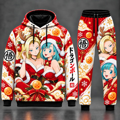 Dragon Ball Super Christmas Fan Set Style 02 featuring Android 18 with Reindeer Antlers and Bulma in Santa Attire with Dragon Ball Super Katakana, Kanji 悟, Golden Bells, Red Ribbon, Pullover Hoodie and Matching Sweatpants