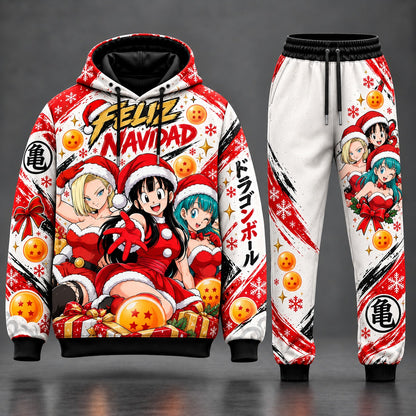 Dragon Ball Christmas Fan Set Style 03 featuring Android 18, Chi-Chi and Bulma with Comic Feliz Navidad Title, Master Roshi Kame Kanji 亀, Dragon Balls, Gift Boxes, Pullover Hoodie and Matching Jogger Sweatpants