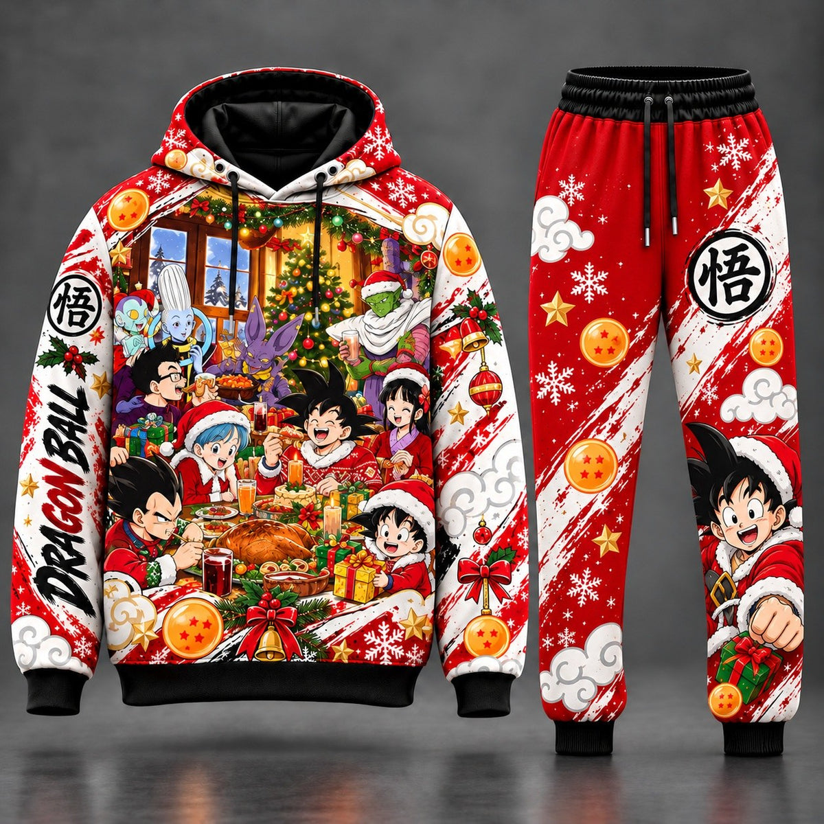 Dragon Ball Christmas Holiday Feast Tracksuit Set with Goku Vegeta Gohan Bulma Beerus Whis Christmas Party Graphic Fleece Hoodie and Matching Jogger Sweatpants HB141026