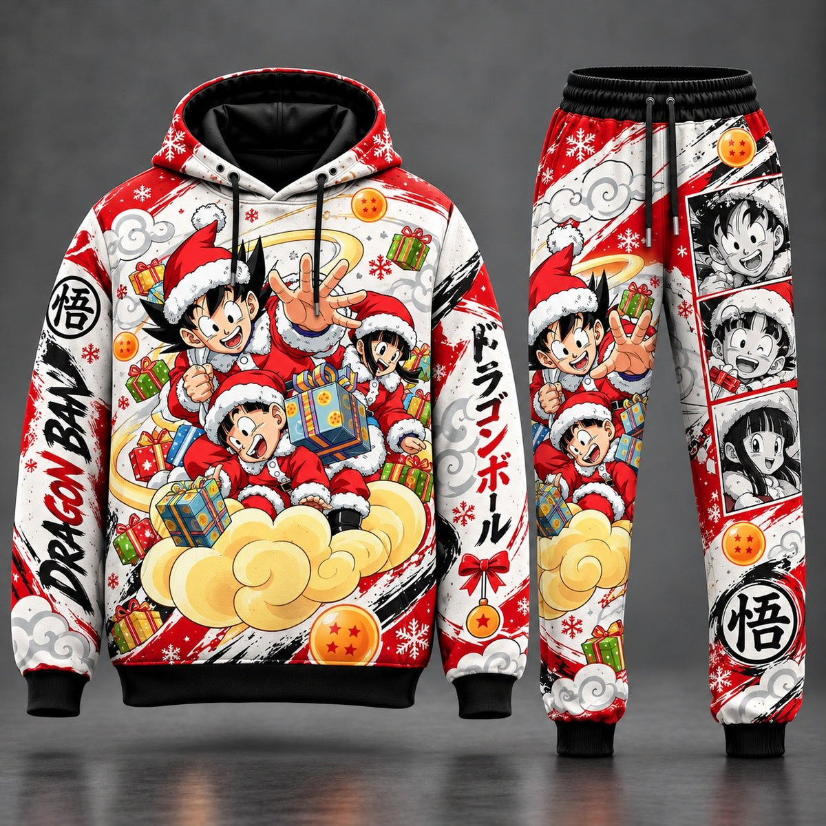 Dragon Ball Flying Nimbus Family Christmas Flight Tracksuit Set featuring Santa Goku Chi-Chi Gohan on Kinto-un Cloud with Holiday Gifts Graphic Hoodie and Joggers HB141026