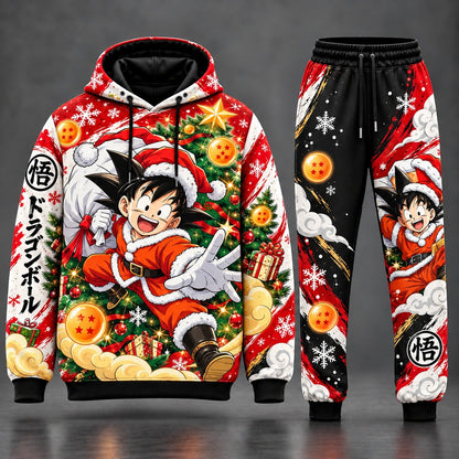 Son Goku Santa Holiday Gift Delivery Anime Tracksuit Set with Santa Goku Gift Sack Christmas Tree Graphic Hoodie and Black Red Contrast Sweatpants HB141026