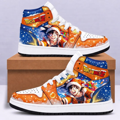 Dragon Ball Z Christmas high top sneakers in iconic Goku orange and cosmic navy blue featuring Santa hat Goku smiling with holiday snowflakes and dragon ball ornament - Style 01 HB151026
