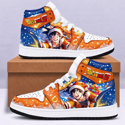 Dragon Ball Z Christmas high top sneakers in iconic Goku orange and cosmic navy blue featuring Santa hat Goku smiling with holiday snowflakes and dragon ball ornament - Style 01 HB151026