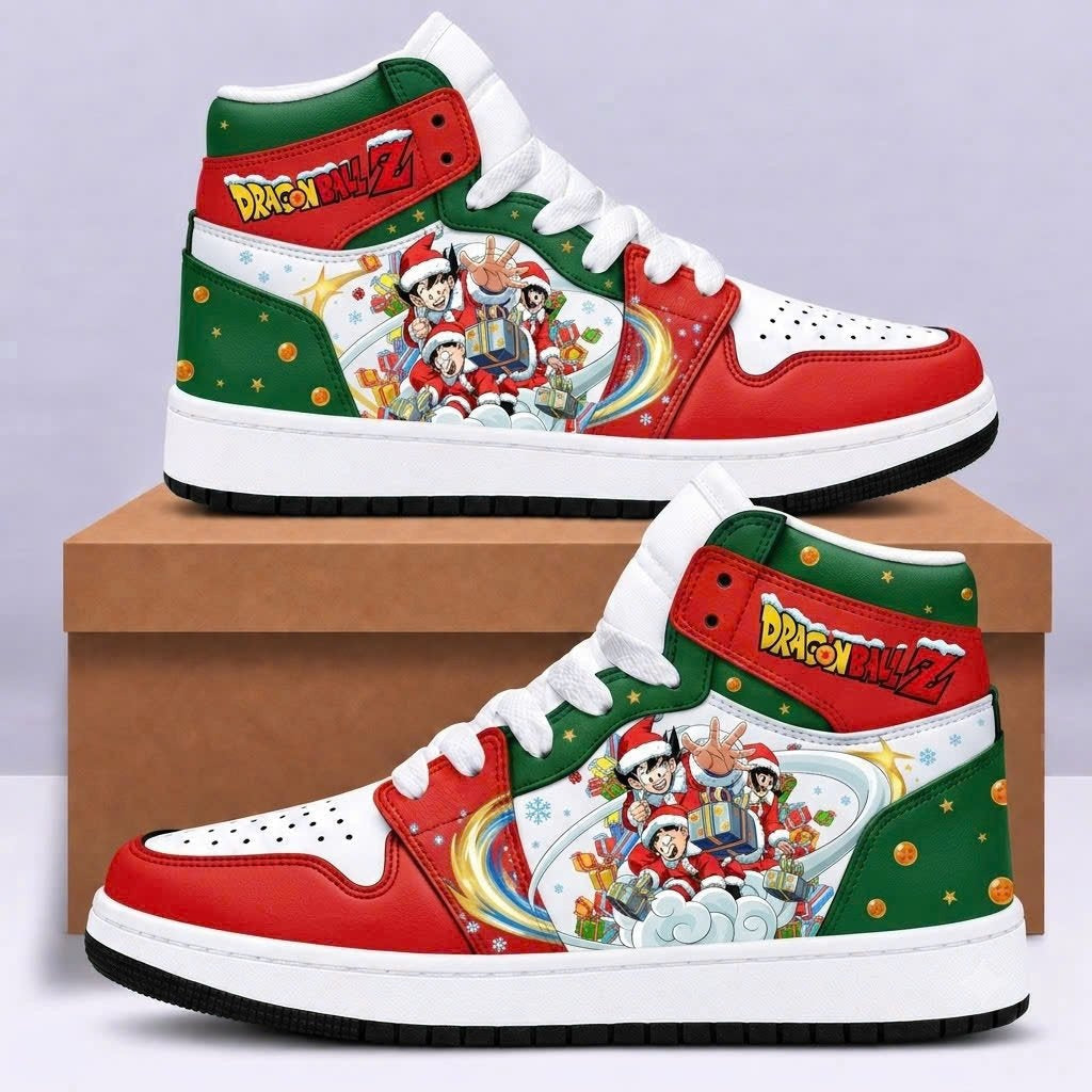Dragon Ball Z Christmas high top sneakers in holiday crimson red and evergreen featuring the Saiyan holiday family Goku Chi-Chi Gohan Goten with gift boxes and swirling energy cloud - Style 03 HB151026