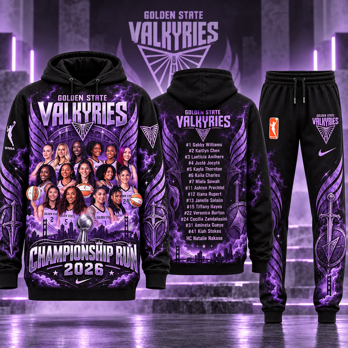 Golden State Valkyries 2026 Championship Run Graphic Hoodie and Sweatpants Tracksuit Set — Style 01