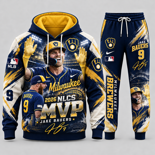 Jake Bauers #9 Milwaukee Brewers 2026 NLCS MVP Graphic Hoodie and Sweatpants Tracksuit Set — Style 01