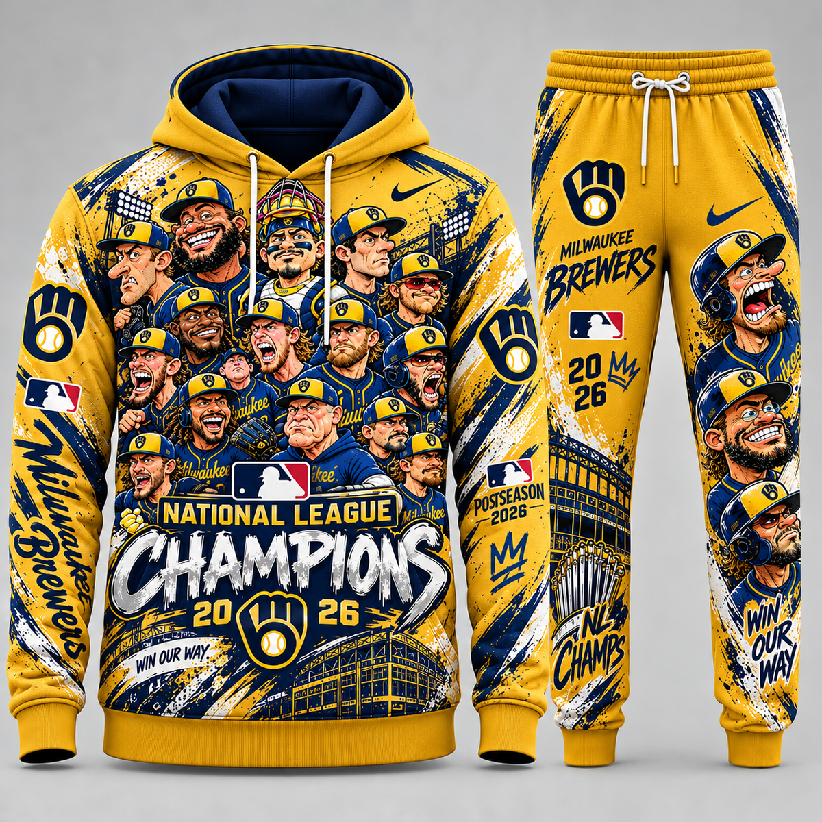 Milwaukee Brewers 2026 NL Champions 'Win Our Way' Caricature Graphic Hoodie and Sweatpants Tracksuit Set — Style 03 Golden Yellow Edition