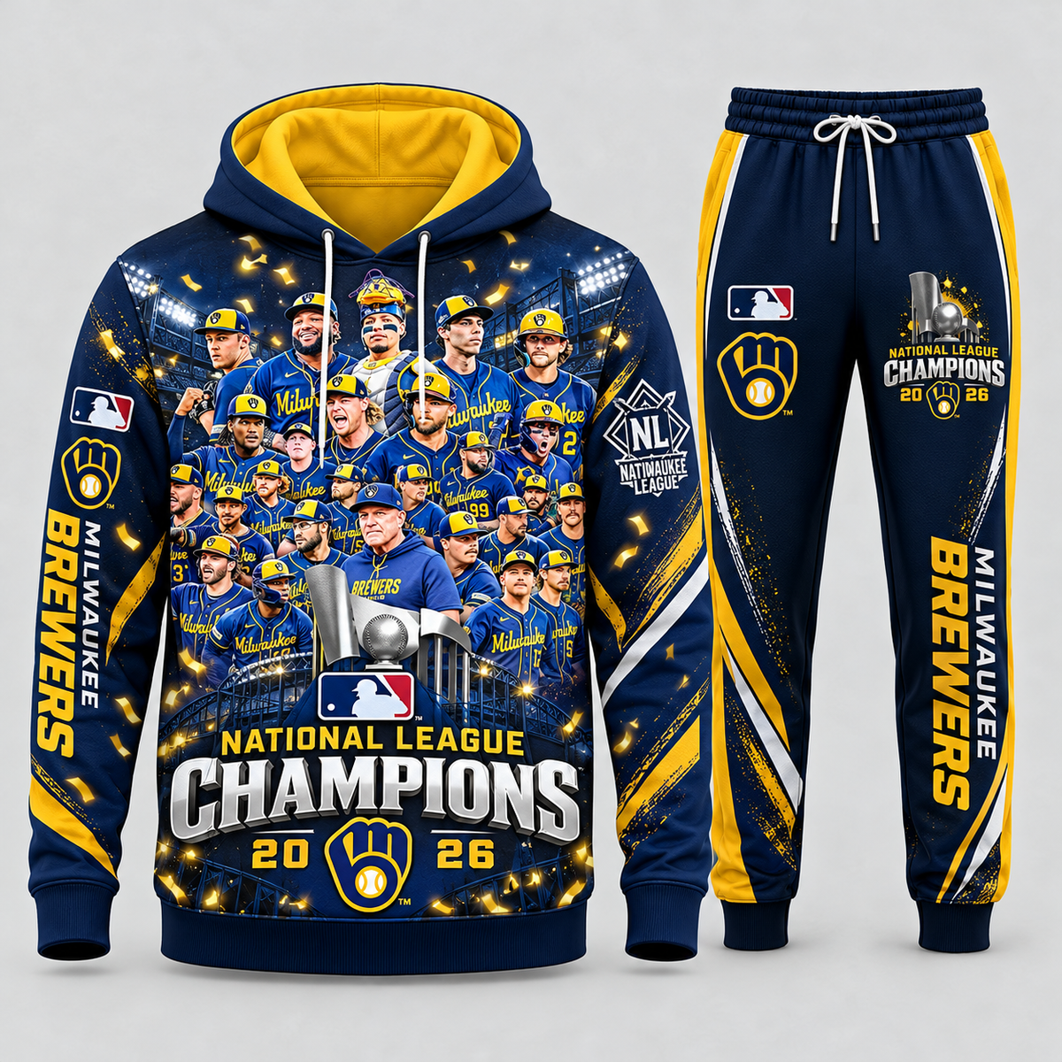 Milwaukee Brewers 2026 National League Champions Graphic Hoodie and Sweatpants Tracksuit Set — Style 01 Midnight Navy Edition