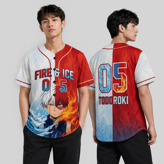 Custom Half Fire Half Ice Baseball Jersey, Personalized Anime Inspired Shirt - Custom Fan Apparel Image 1