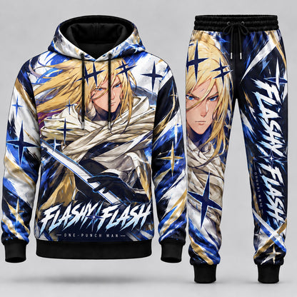 One-Punch Man Flashy Flash S-Class Rank 13 Ninja Blade Tracksuit Set with Electric Blue Lightspeed Slash Graphic Hoodie and Matching Joggers HBLA8