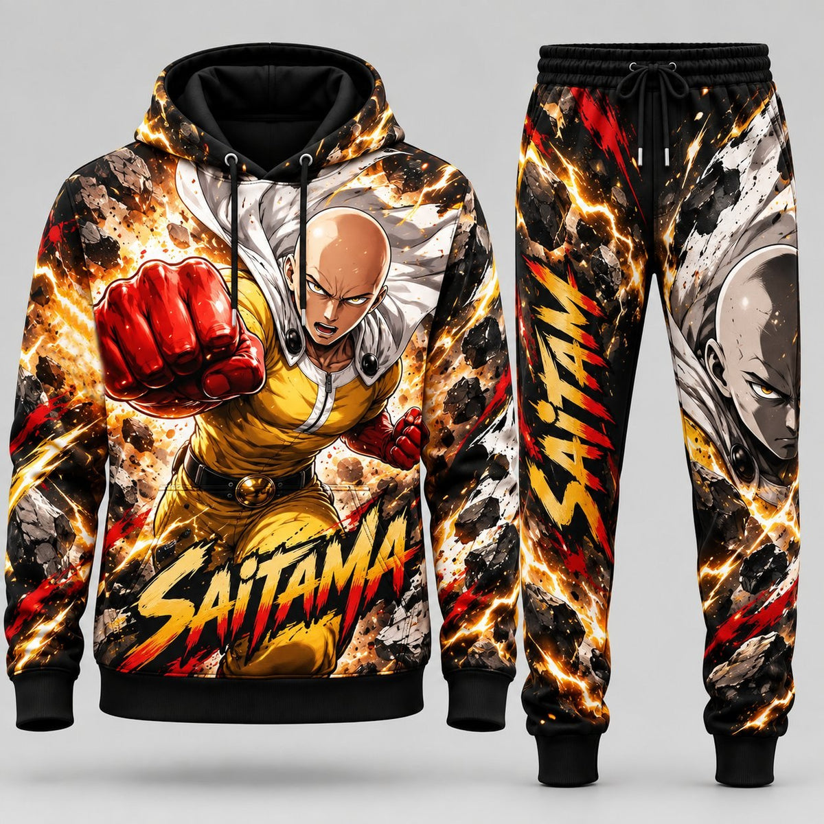 One-Punch Man Saitama Serious Punch Tracksuit Set featuring Red Fist Strike Shockwave All-Over Graphic Pullover Hoodie and Matching Jogger Sweatpants HBLA8