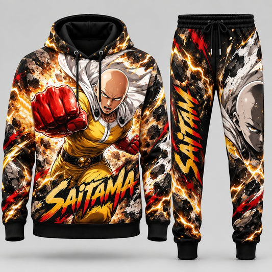 One-Punch Man Saitama Serious Punch Tracksuit Set featuring Red Fist Strike Shockwave All-Over Graphic Pullover Hoodie and Matching Jogger Sweatpants HBLA8