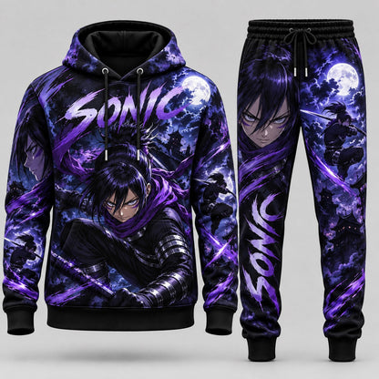 One-Punch Man Speed-o-Sound Sonic Supersonic Shinobi Ninja Tracksuit Set with Moonlight Violet Slash Graphic Hoodie and Tapered Sweatpants HBLA8