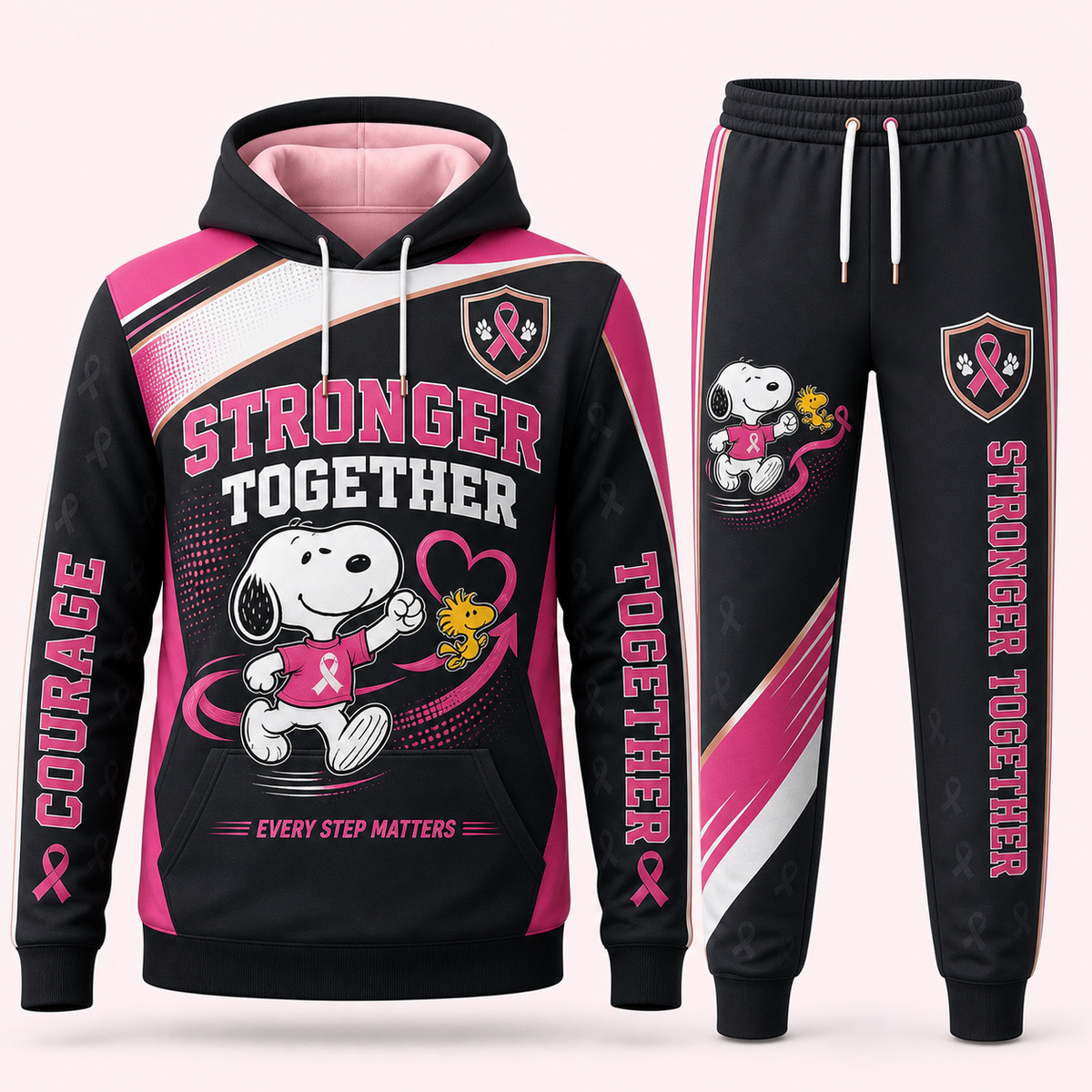 Snoopy breast cancer awareness hoodie and sweatpants set - Stronger Together alternate design