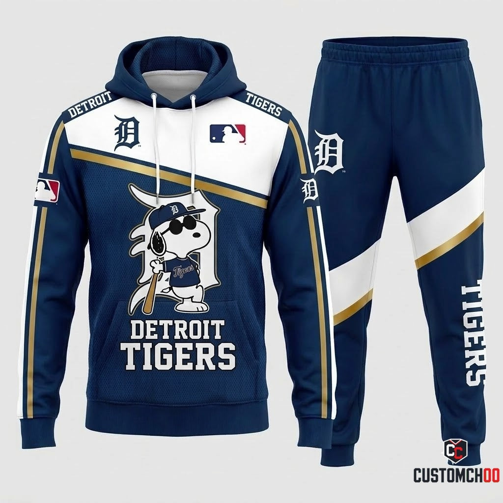 Detroit Tigers - Snoopy MLB 30-Team Fan Tracksuit Set - Hoodie & Jogger Pants (Snoopy baseball fan tracksuit hoodie and pants set)