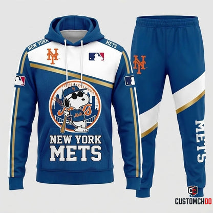 New York Mets - Snoopy MLB 30-Team Fan Tracksuit Set - Hoodie & Jogger Pants (Snoopy baseball fan tracksuit hoodie and pants set)