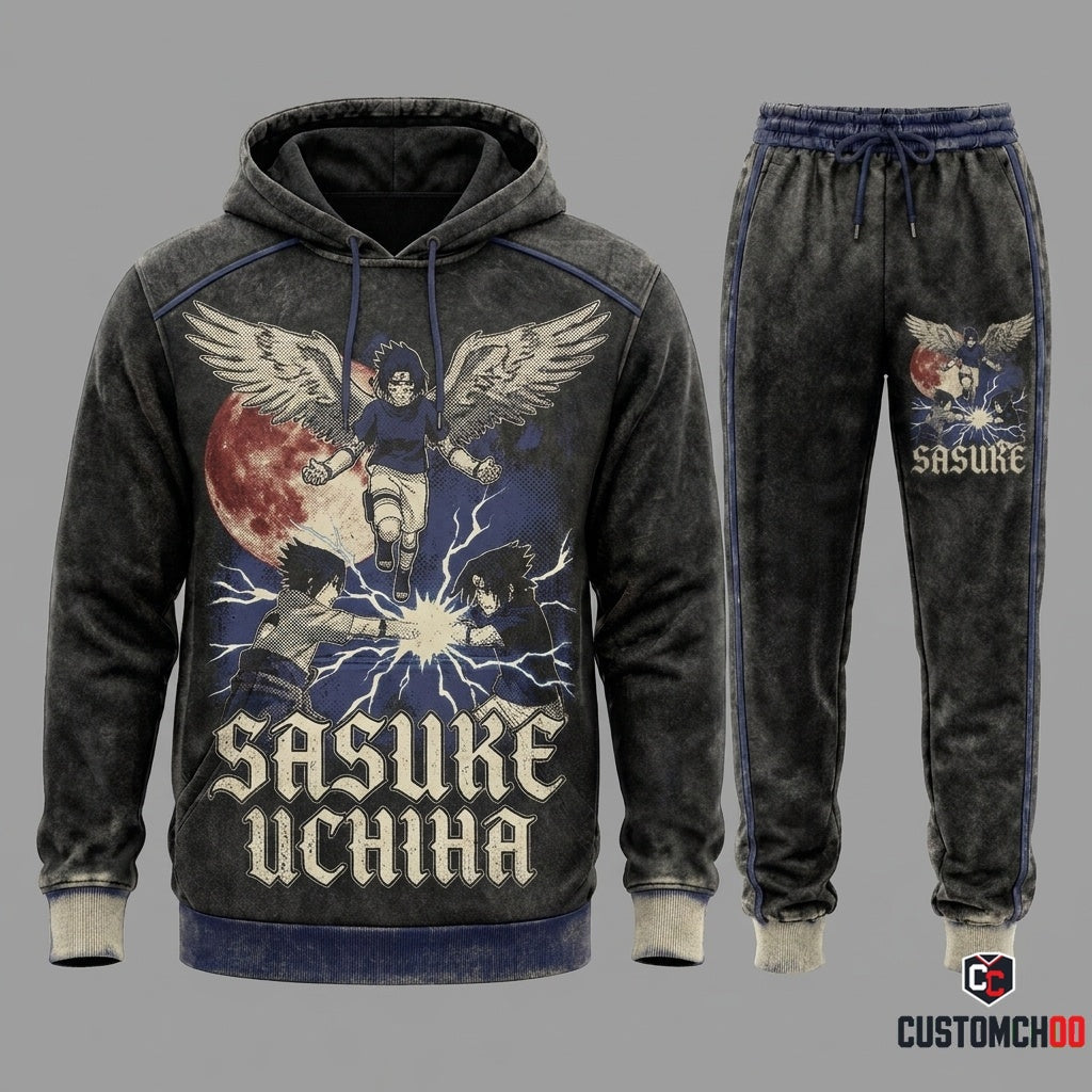 Sasuke Uchiha Anime Tracksuit Set - Hoodie & Jogger Pants - 04. Vintage 90s