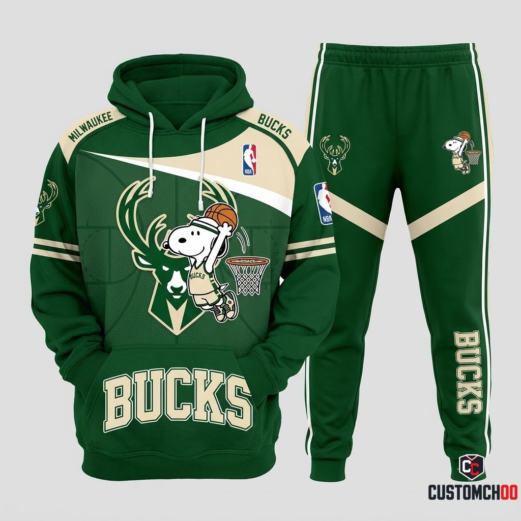 Snoopy NBA 30-Team Slam Dunk Edition Tracksuit Set - Hoodie & Jogger Pants - Milwaukee Bucks