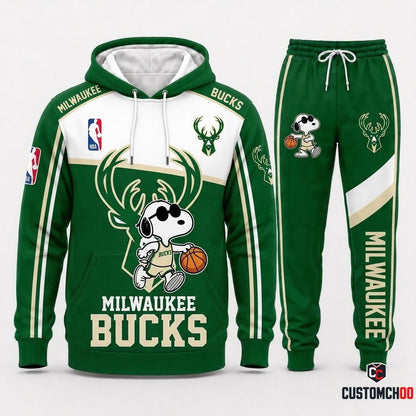Snoopy NBA 30-Team Crossover Edition Tracksuit Set - Hoodie & Jogger Pants - Milwaukee Bucks