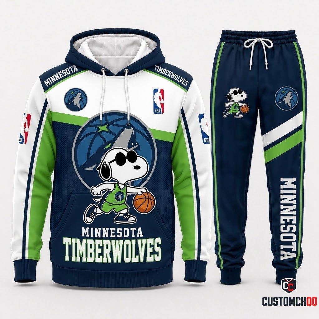 Snoopy NBA 30-Team Crossover Edition Tracksuit Set - Hoodie & Jogger Pants - Minnesota Timberwolves