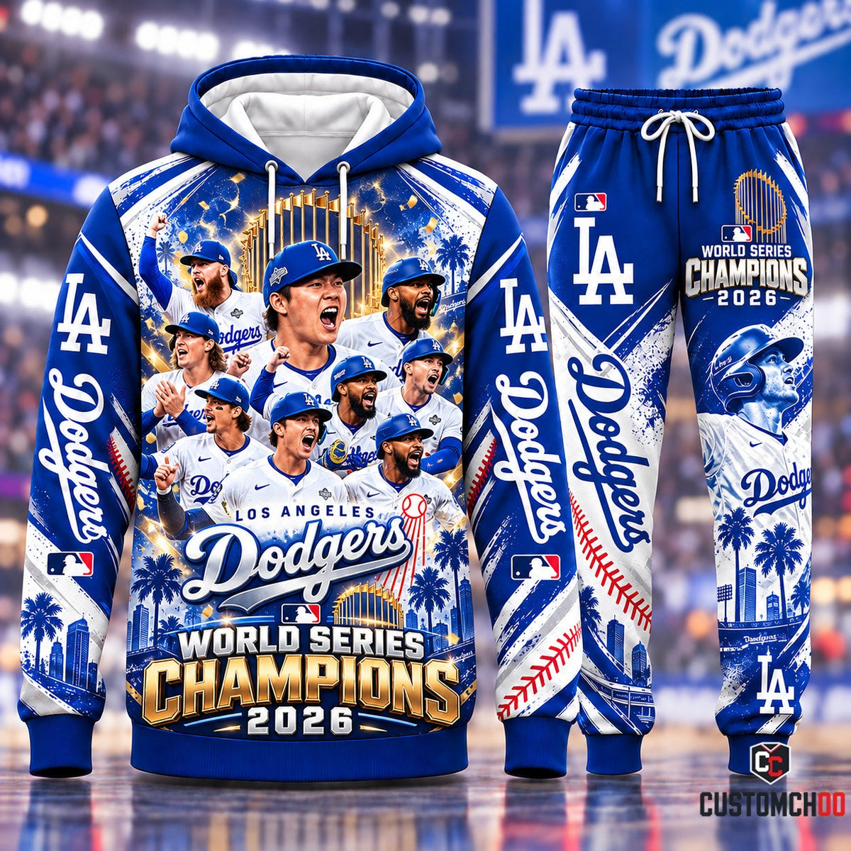 Los Angeles Dodgers World Series Champions 2026 Gold Trophy Roster Celebration Hoodie and Sweatpants Set
