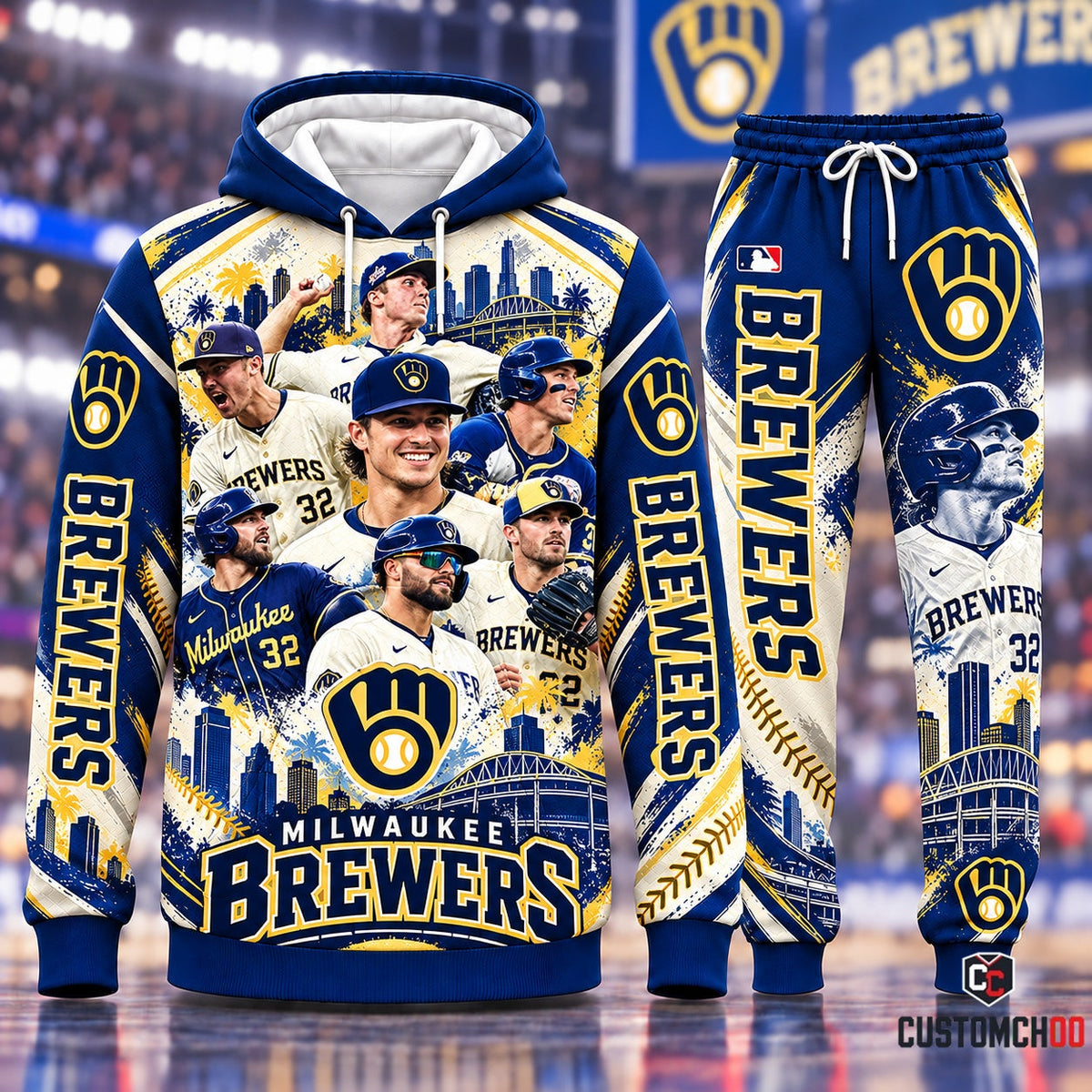 Milwaukee Brewers Skyline Lineup Edition Pullover Hoodie and Jogger Sweatpants Set with American Family Field Stadium Graphic