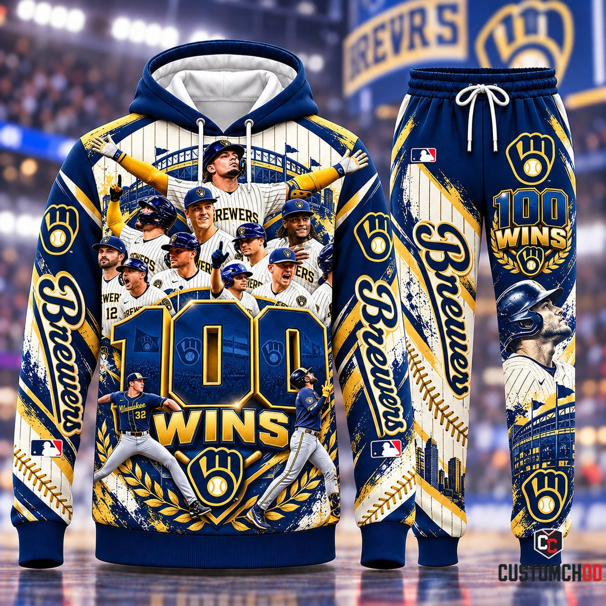 Milwaukee Brewers 100 Wins Historic Season Celebration Hoodie and Sweatpants Tracksuit Set