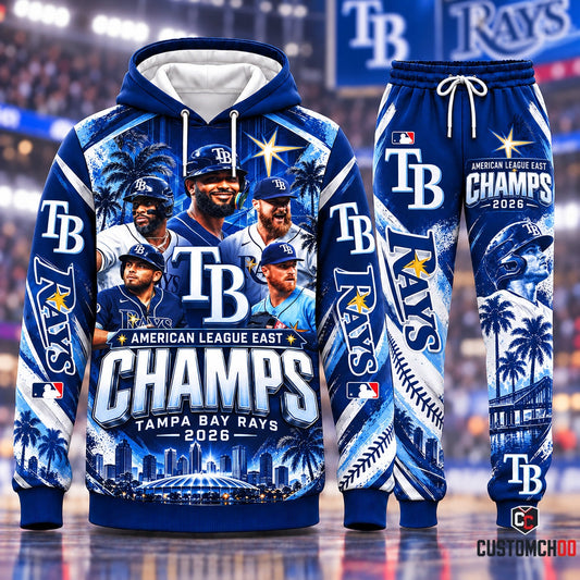 Tampa Bay Rays American League East Champs 2026 Hoodie and Sweatpants Tracksuit Set with Team Roster and Tropicana Field Graphic