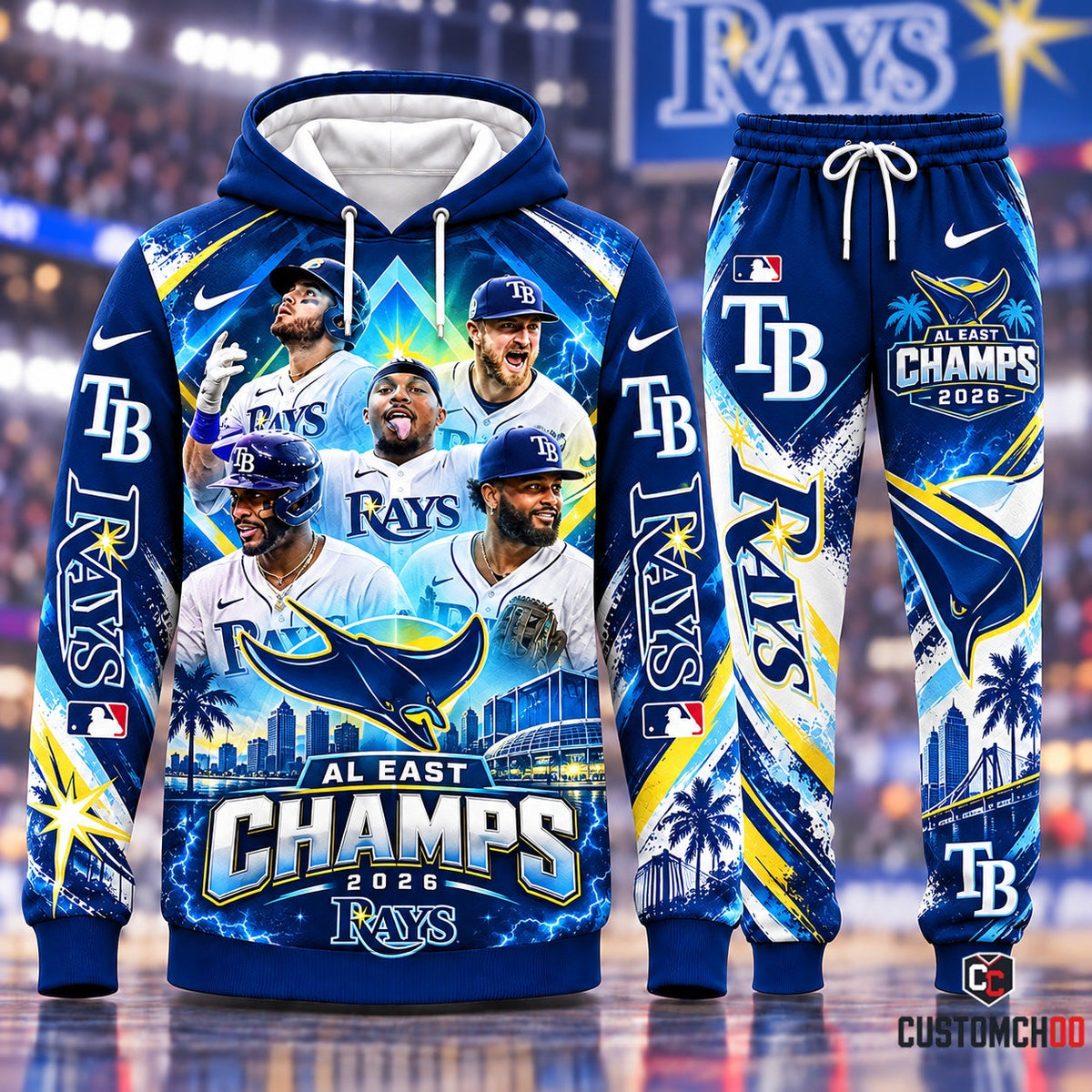 Tampa Bay Rays AL East Champs 2026 Manta Ray Logo Electric Lineup Pullover Hoodie and Jogger Tracksuit Set