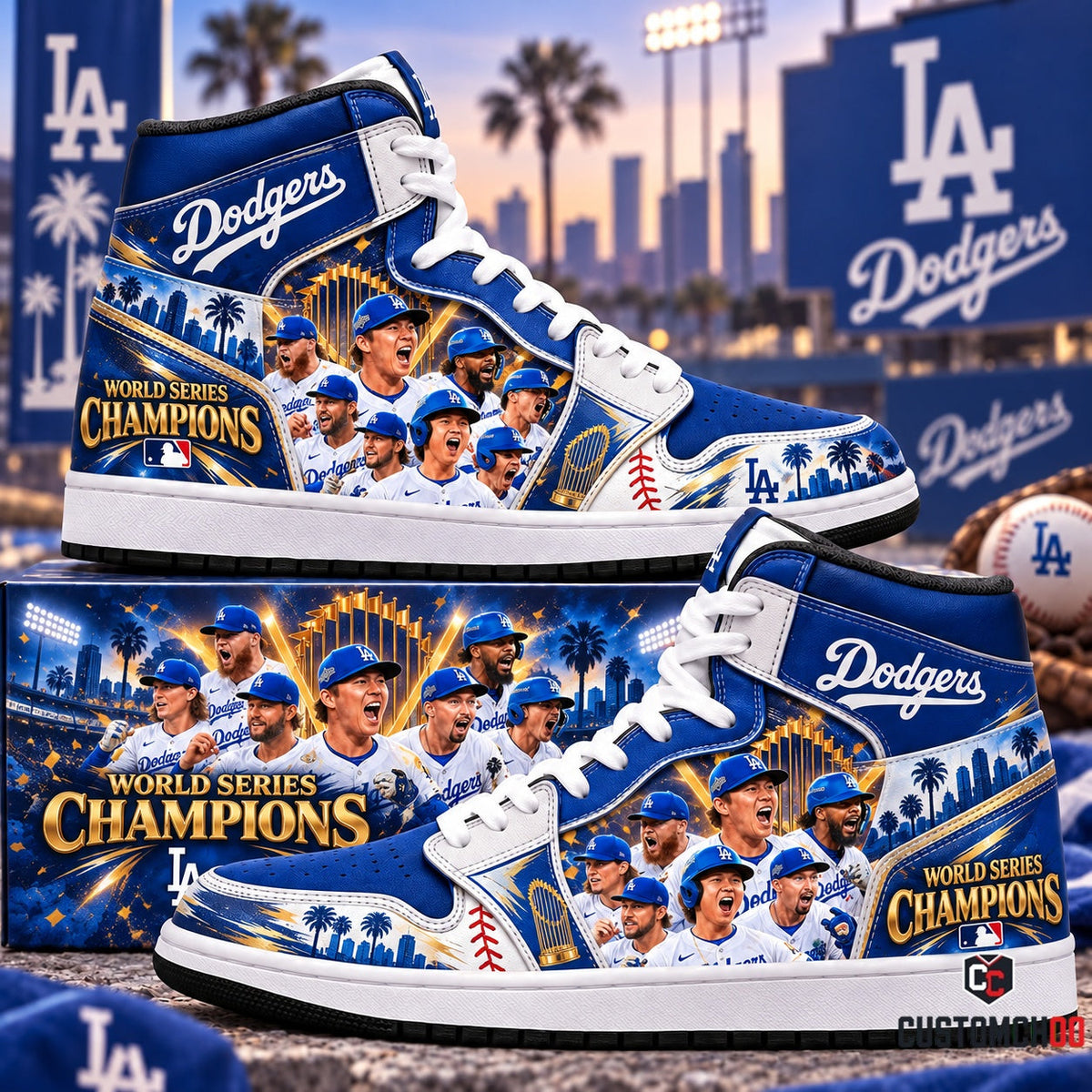 Los Angeles Dodgers World Series Champions Sunset Twilight Trophy Edition High Top Sneakers and Collector Box featuring Shohei Ohtani and Team Roster