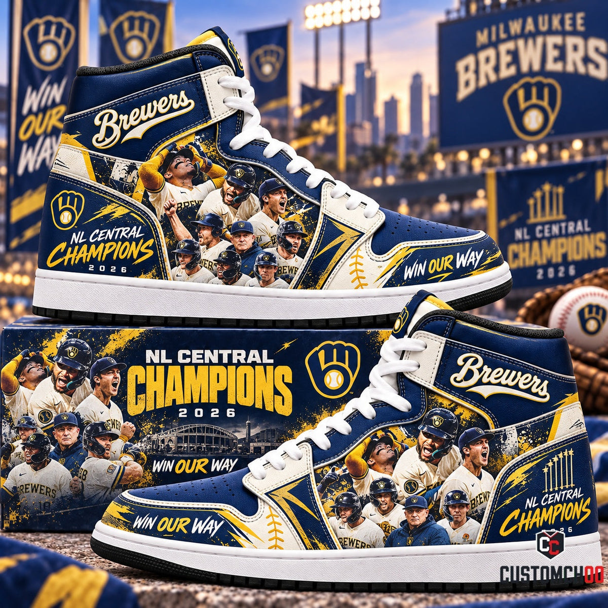 Milwaukee Brewers NL Central Champions 2026 Win Our Way High Top Sneakers and Collector Box featuring Christian Yelich, William Contreras, and American Family Field Graphic