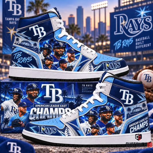 Tampa Bay Rays AL East Champions Baseball Built Different High Top Sneakers and Collector Box featuring Team Roster, Tropicana Field Dome, and Sunshine Skyway Bridge