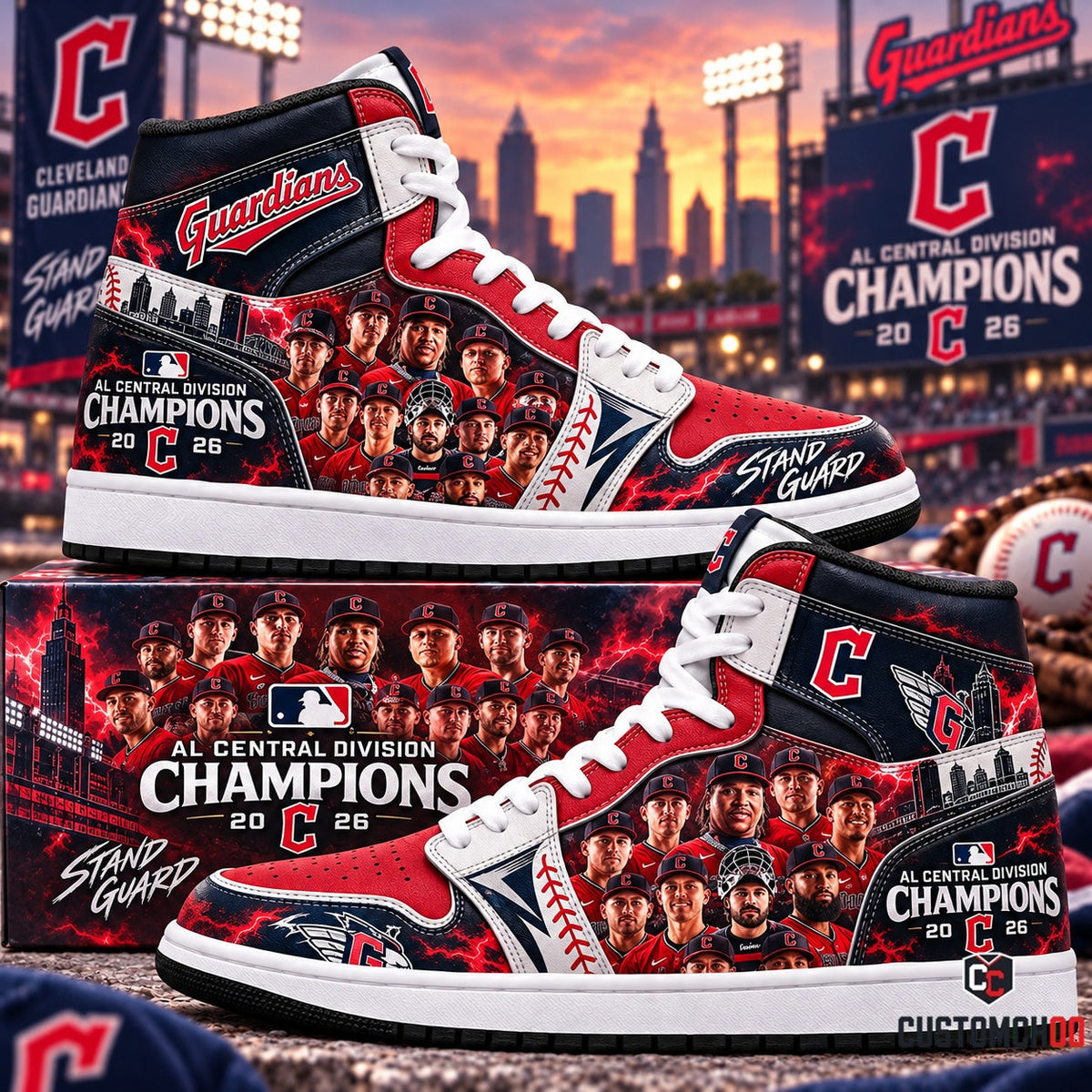 Cleveland Guardians AL Central Division Champions 2026 Stand Guard High Top Sneakers and Collector Box featuring Jose Ramirez, Team Roster, and Cleveland Skyline
