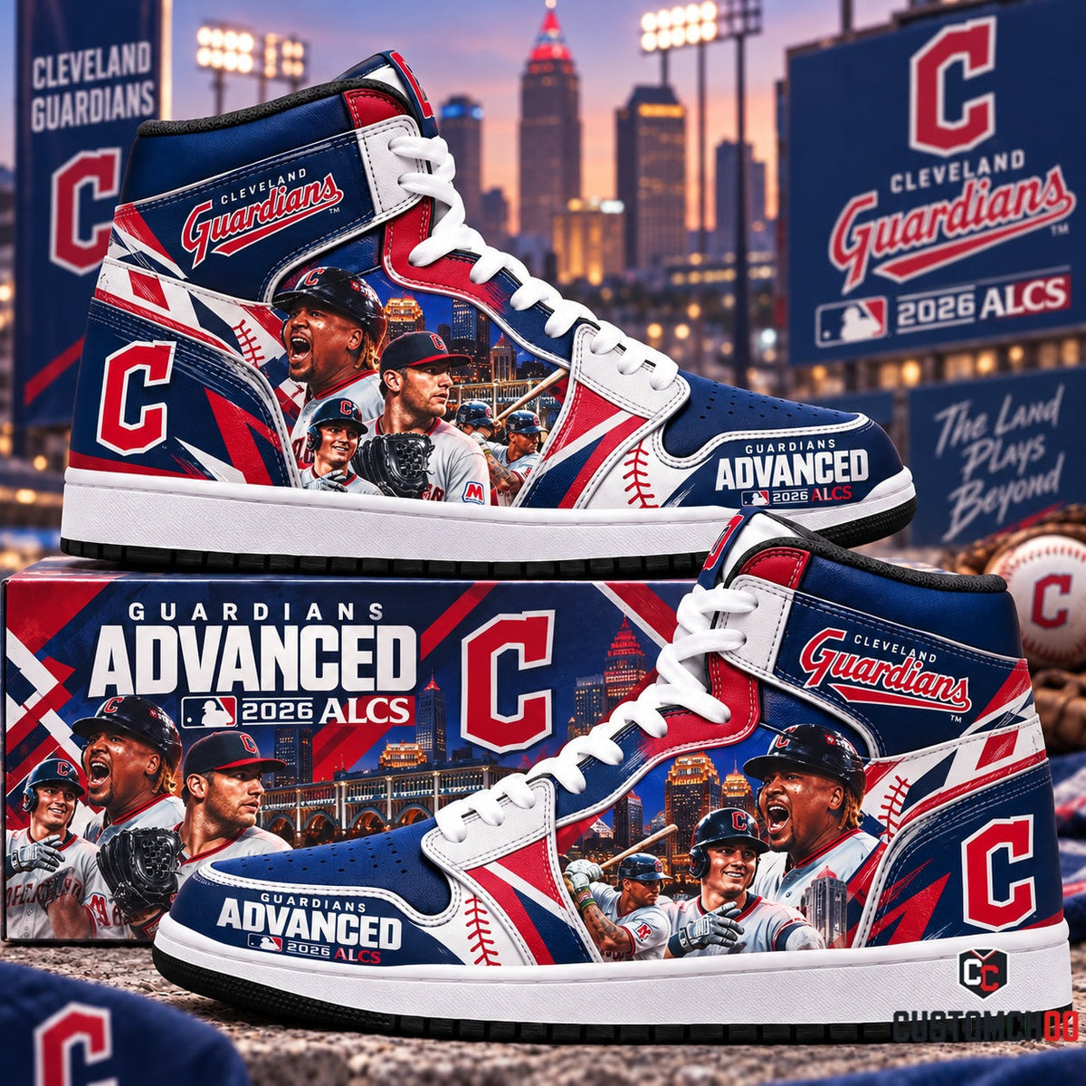 Cleveland Guardians ALCS Advanced 2026 The Land Plays Beyond High Top Sneakers and Collector Box featuring Jose Ramirez, Progressive Field, and Hope Memorial Bridge