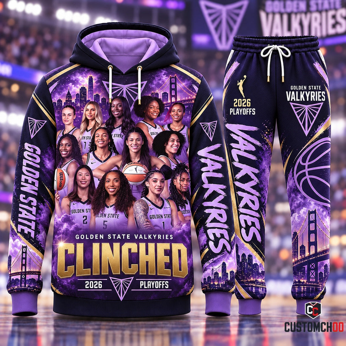 Golden State Valkyries Clinched 2026 Playoffs Twilight Roster Hoodie and Jogger Tracksuit Set featuring Full Team Lineup and Chase Center San Francisco Bay Bridge Graphics