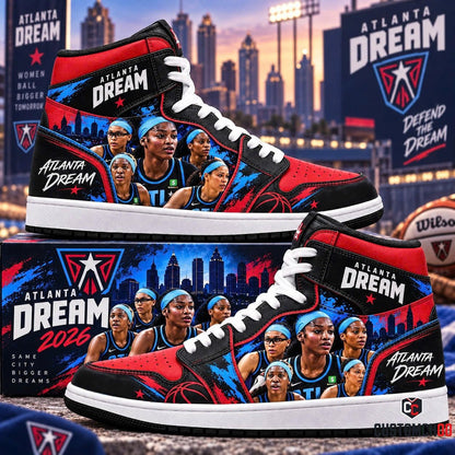 Atlanta Dream 2026 roster skyline edition high top sneakers with custom collector display shoebox in black red and cyan - Style 01