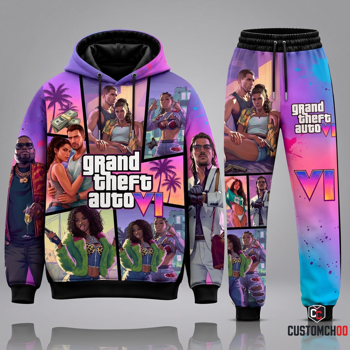 GTA VI Vice City Comic Panel Collage Edition Graphic Pullover Hoodie and Jogger Sweatpants Matching Set with Neon VI Logo and Character Artwork