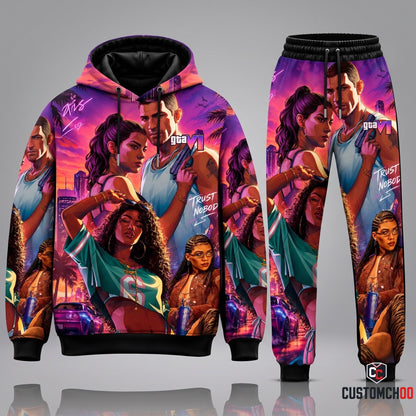 Grand Theft Auto VI Lucia & Jason Trust Nobody Edition Graphic Hoodie and Sweatpants Tracksuit Set with Miami Sunset Skyline and Sports Car