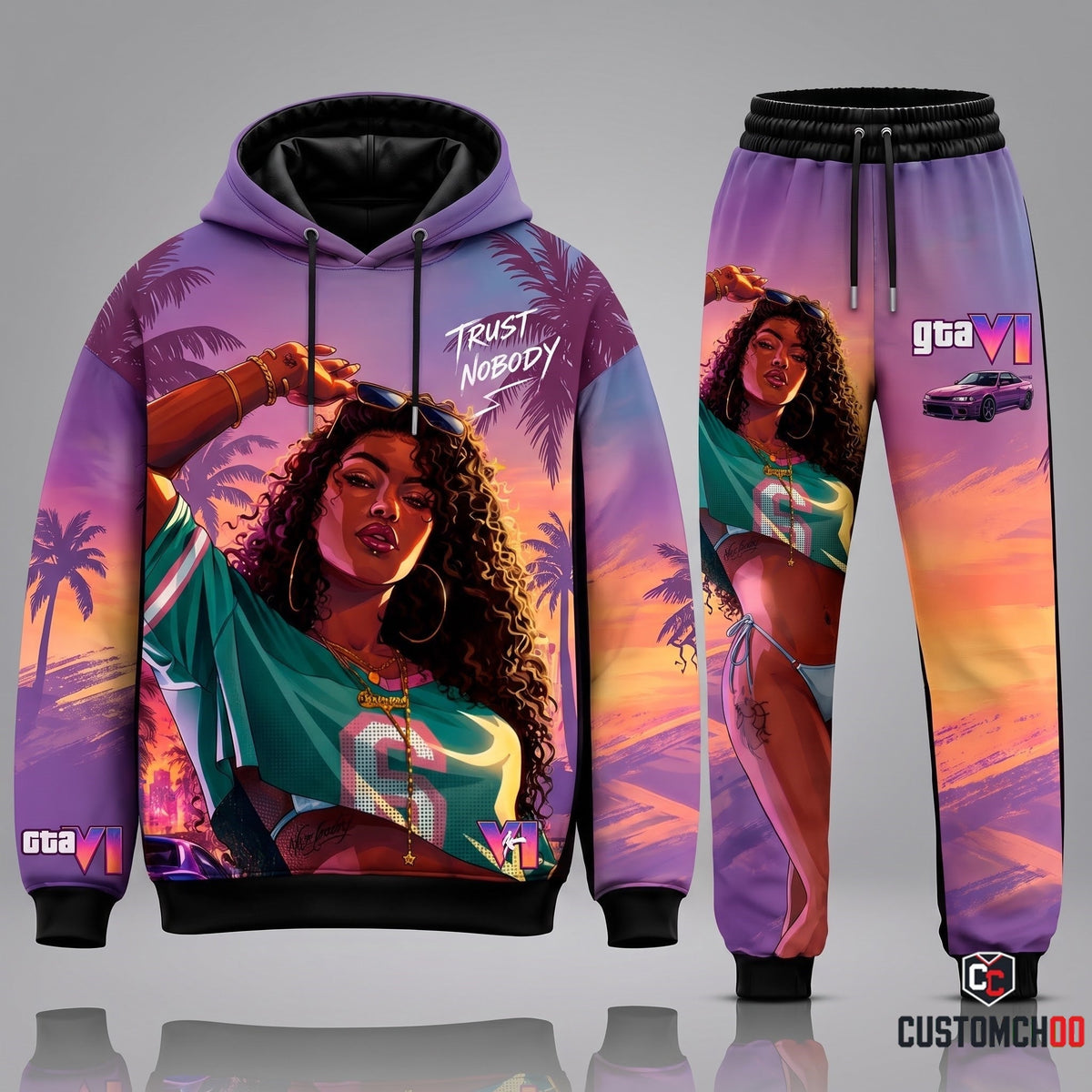 GTA 6 Vice Coastline Lucia Graphic Hoodie and Sweatpants Set featuring Tropical Palm Trees, Sunset Beach Gradient, and Purple Sports Car