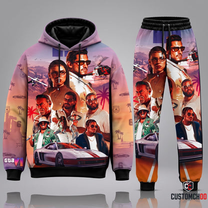 Grand Theft Auto VI Vice City Syndicate Edition Tracksuit Set featuring Character Montage, White Testarossa Supercar, Helicopter, and Sunset Highway
